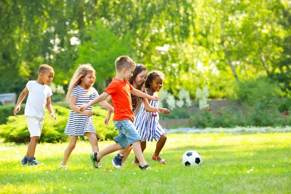 Petits Enfants Mignons Jouant Football Plein Air — Photo