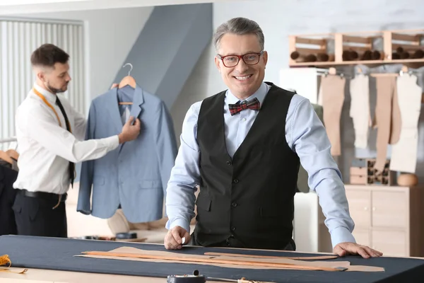 Mature Tailor His Assistant Working Atelier — Stock Photo, Image