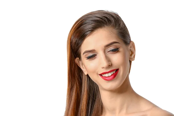 Mujer Joven Atractiva Con Maquillaje Elegante Pestañas Largas Sobre Fondo —  Fotos de Stock