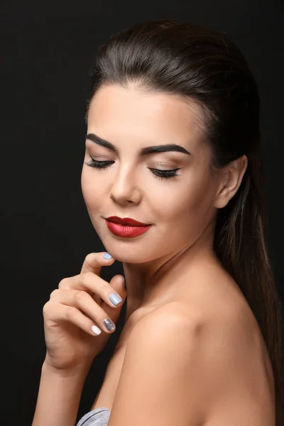 Young Woman Beautiful Eyebrows Black Background — Stock Photo, Image