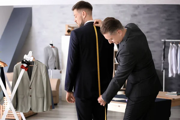 Tailor Taking Man Measurements Atelier — Stock Photo, Image