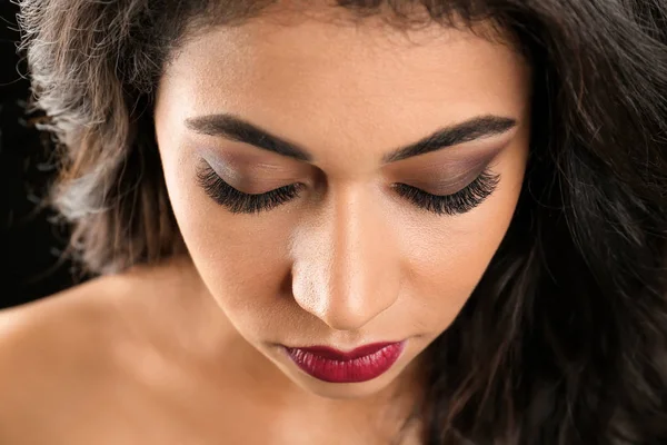 Attractive African American Woman Long Eyelashes Closeup Eyelash Extensions — Stock Photo, Image