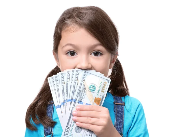 Cute Little Girl Money White Background — Stock Photo, Image