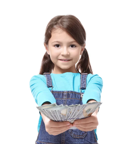 Schattig Klein Meisje Met Geld Witte Achtergrond — Stockfoto