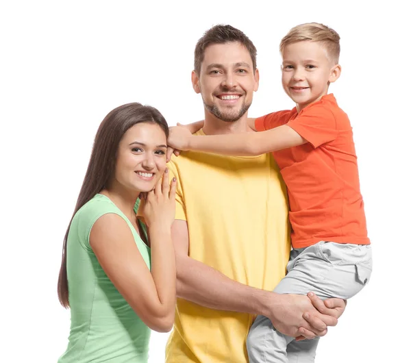 Portret Van Gelukkig Gezin Witte Achtergrond — Stockfoto