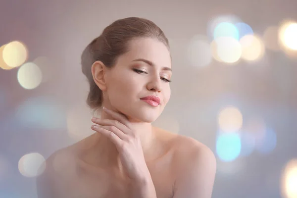 Portrait Beautiful Young Woman Soft Skin Applying Cream Blurred Background — Stock Photo, Image