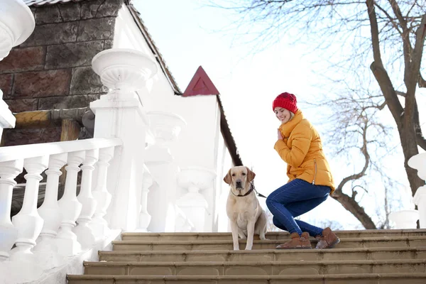 冬天的时候, 女人在户外散步可爱的狗。宠物与主人之间的友谊 — 图库照片