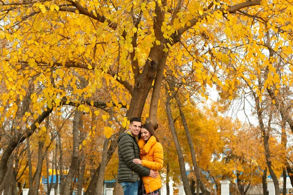 Nádherný pár v teplé oblečení v parku — Stock fotografie