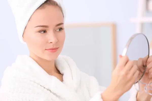 Young Beautiful Woman Looking Mirror Indoors — Stock Photo, Image