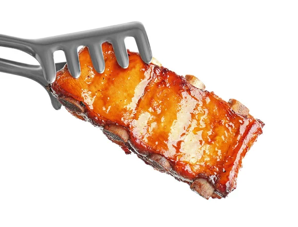 Forceps Delicious Grilled Ribs White Background — Stock Photo, Image