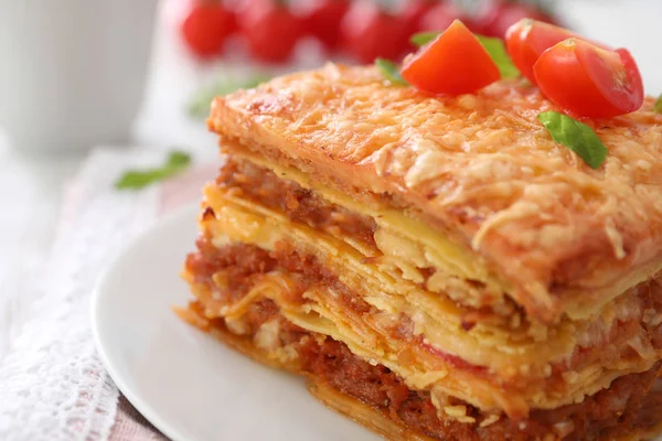 Plate Tasty Lasagna Table Closeup — Stock Photo, Image