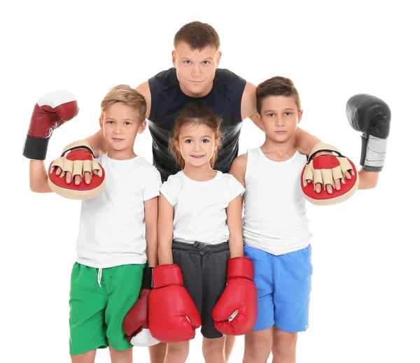 Cute Little Children Boxing Gloves Coach White Background — Stock Photo, Image