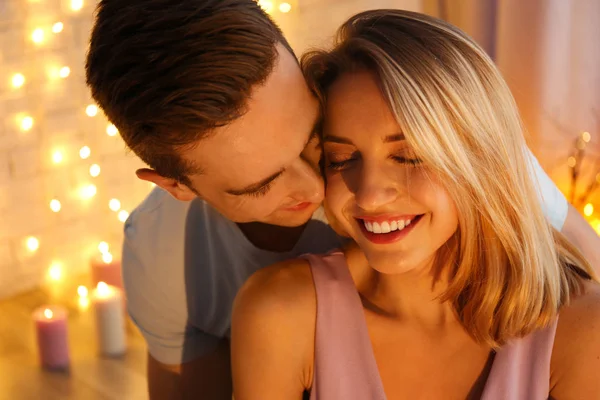 Young Loving Couple Blurred Lights Background — Stock Photo, Image