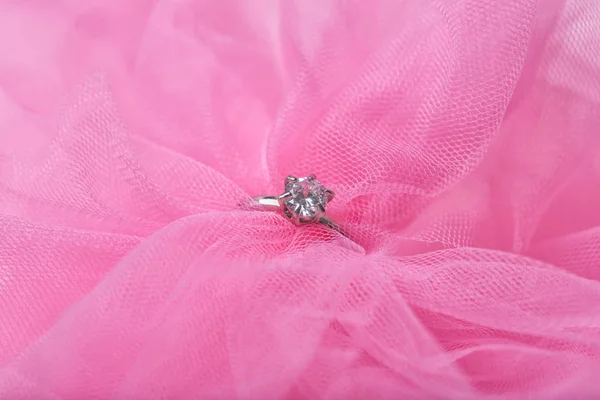 Beautiful Engagement Ring Pink Tulle Closeup — Stock Photo, Image