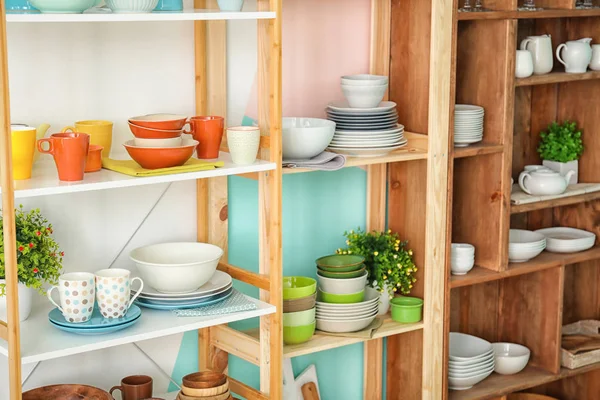 Different Clean Dishes Wooden Shelves — Stock Photo, Image