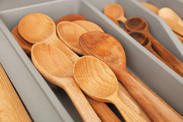 Wooden Spoons Drawer Closeup — Stock Photo, Image