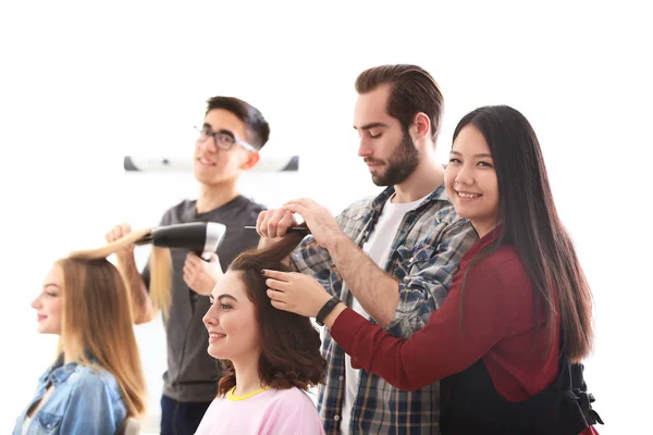 Professional Hairdresser Trainees Working Clients Salon Apprenticeship Concept — Stock Photo, Image