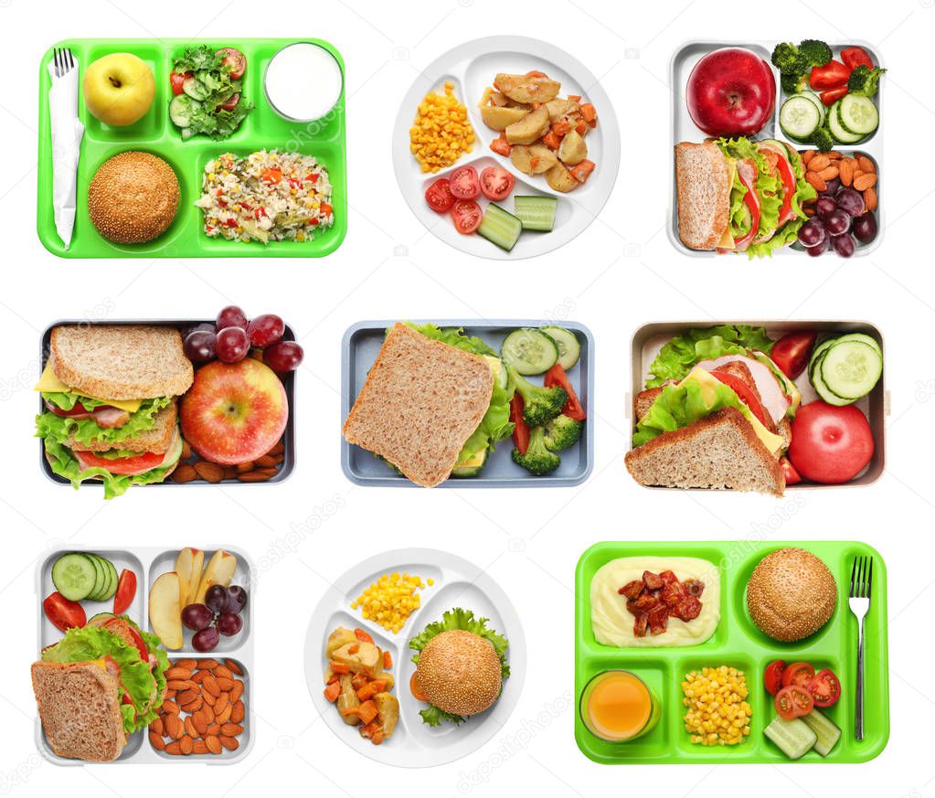 Set of serving trays and boxes with food for school lunch isolated on white background