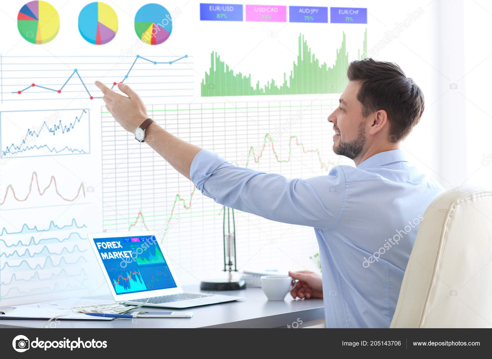 Financial Trader Looking Graphs Virtual Screen Office Forex Concept - 
