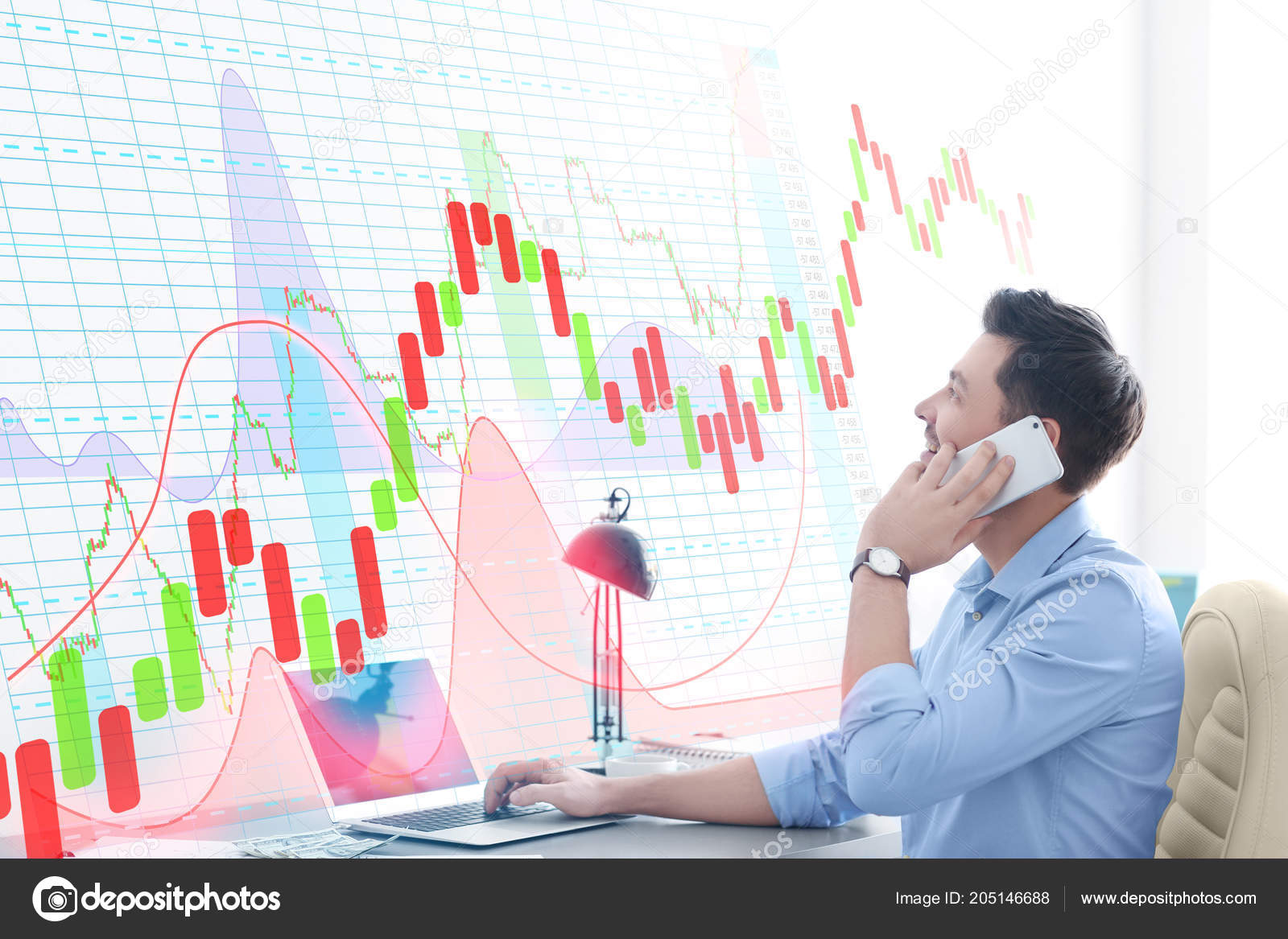 Financial Trader Talking Phone Looking Graphs Virtual Screen Office - 