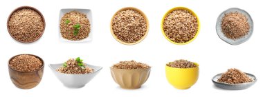 Beyaz arka plan üzerinde farklı dishware buğday ile ayarla