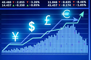 Menkul Kıymetler Borsası grafikler ve oranları ile renk arka plan üzerinde para birimi simgelerini. Finansal ticaret kavramı