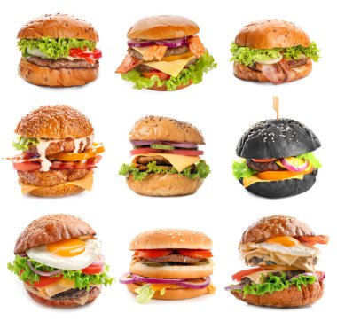 Beyaz arka planda değişik lezzetli hamburgerler.
