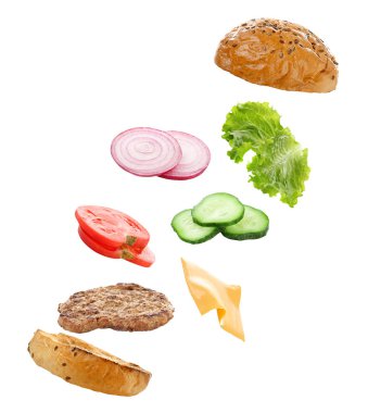 Malzemeler lezzetli burger için beyaz arka plan üzerinde yüzen
