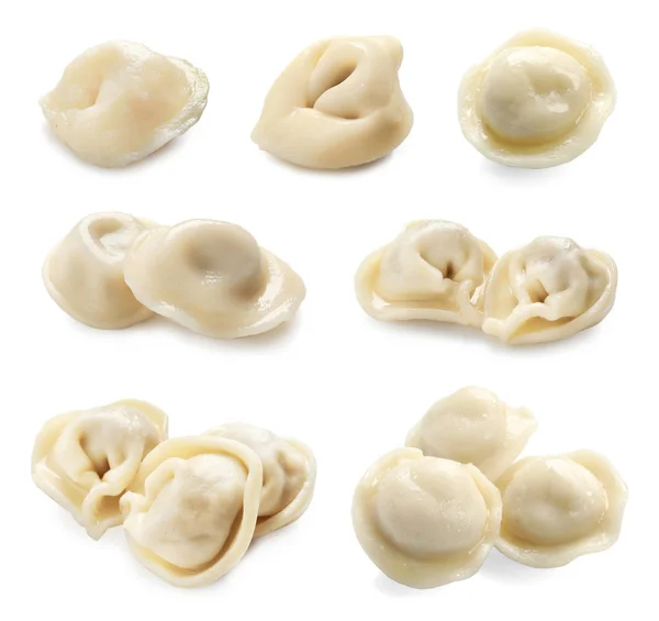 Set van gekookte dumplings op witte achtergrond — Stockfoto
