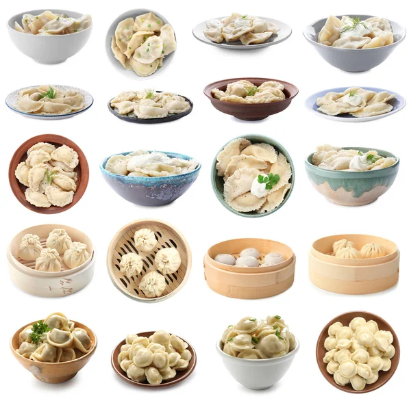 Set met verschillende smakelijke dumplings op witte achtergrond — Stockfoto