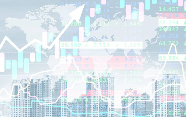 Dvojitá Expozice Mapa Světa Sazby Grafy Panoráma Města Finanční Obchodní — Stock fotografie