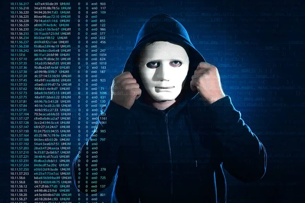 Hacker Com Máscara Código Fundo Escuro — Fotografia de Stock