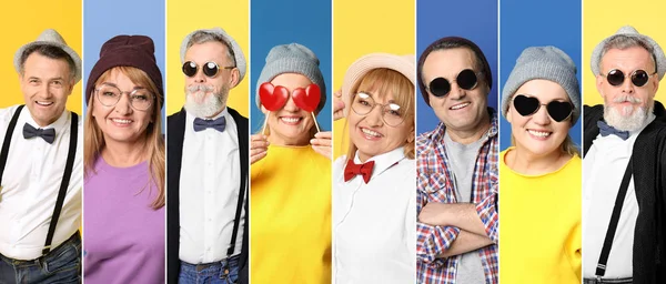 Set Stylish Funky Pensioners Color Background — Stock Photo, Image