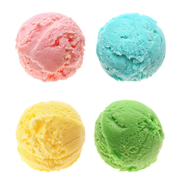 Ice cream scoops of different flavors on white background — Stock Photo, Image