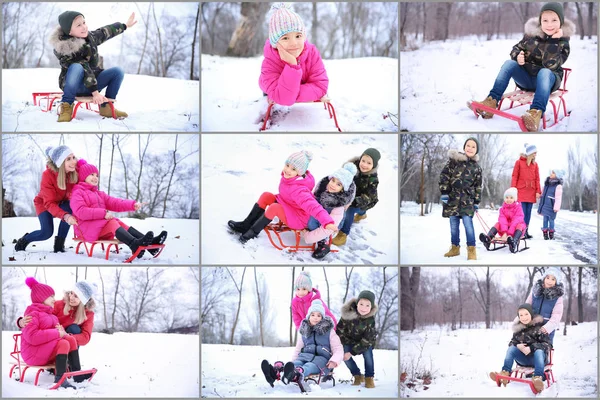 Conjunto Com Pessoas Felizes Parque Nevado Férias Inverno — Fotografia de Stock