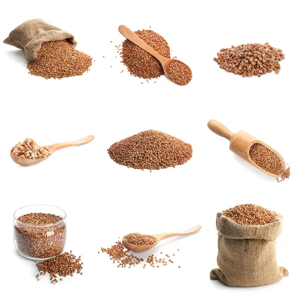 Set with buckwheat on white background — Stock Photo, Image