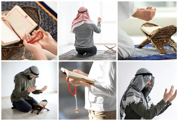 Set Met Moslim Mensen Bidden Binnenshuis Islamitische Godsdienst — Stockfoto