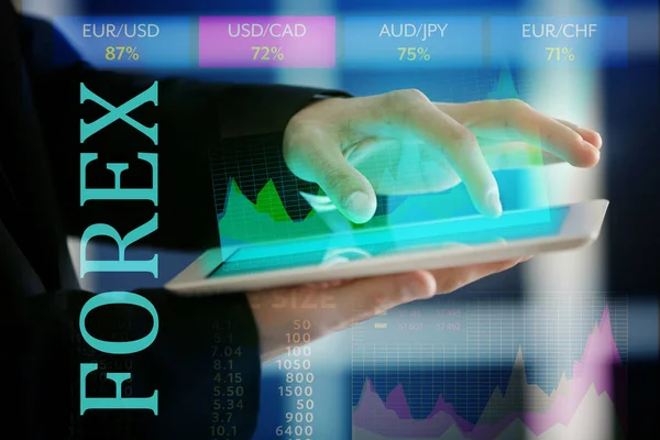 Dvojitá Expozice Grafů Finanční Trader Práce Tabletem Closeup Koncept Forex — Stock fotografie