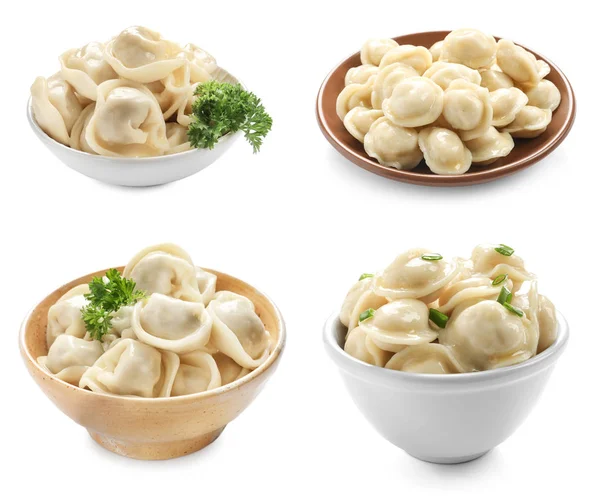 Set med kokt dumplings på vit bakgrund — Stockfoto