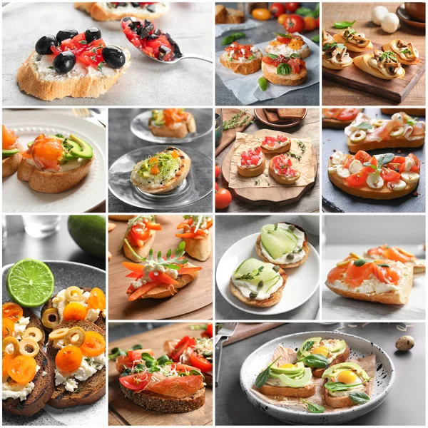 Set with different delicious bruschettas — Stock Photo, Image