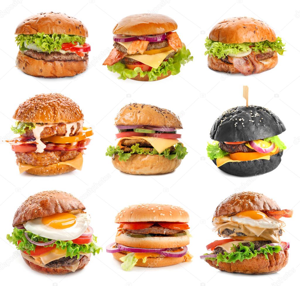 Set of different delicious burgers on white background