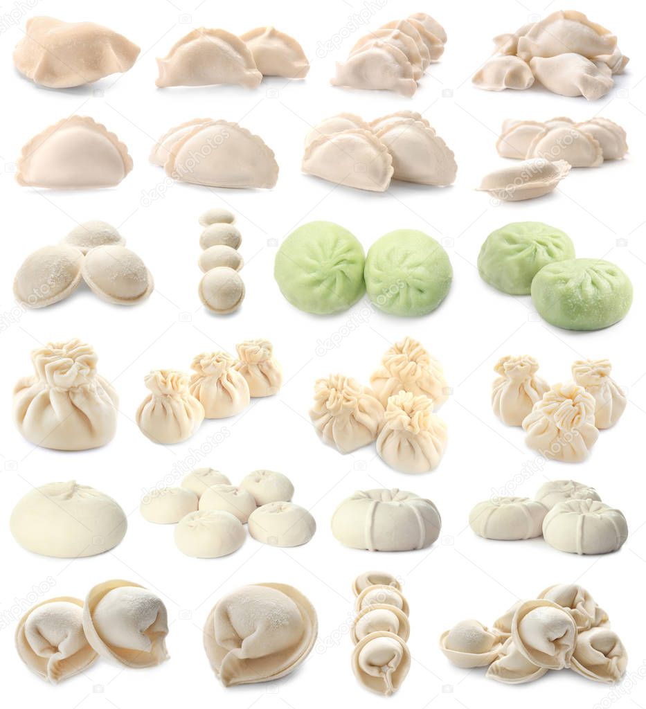 Set with different raw dumplings on white background