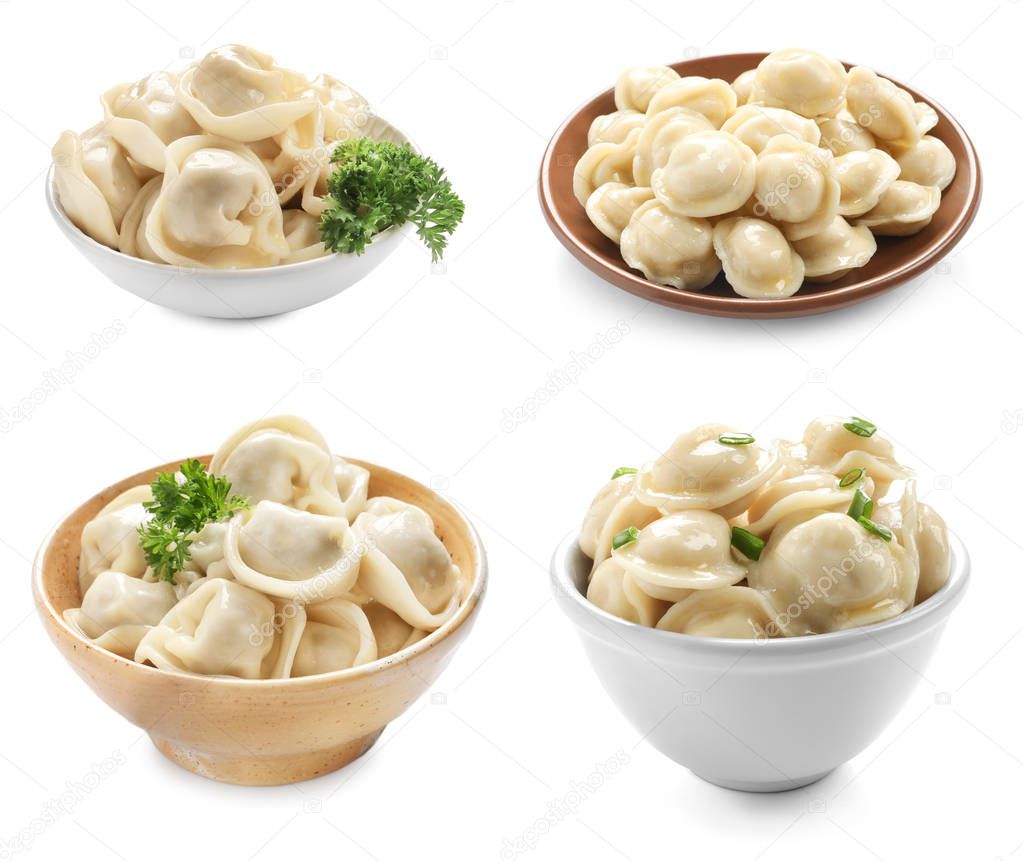 Set of cooked dumplings on white background