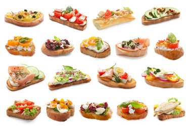 Beyaz arka plan üzerinde farklı lezzetli bruschettas ile ayarla