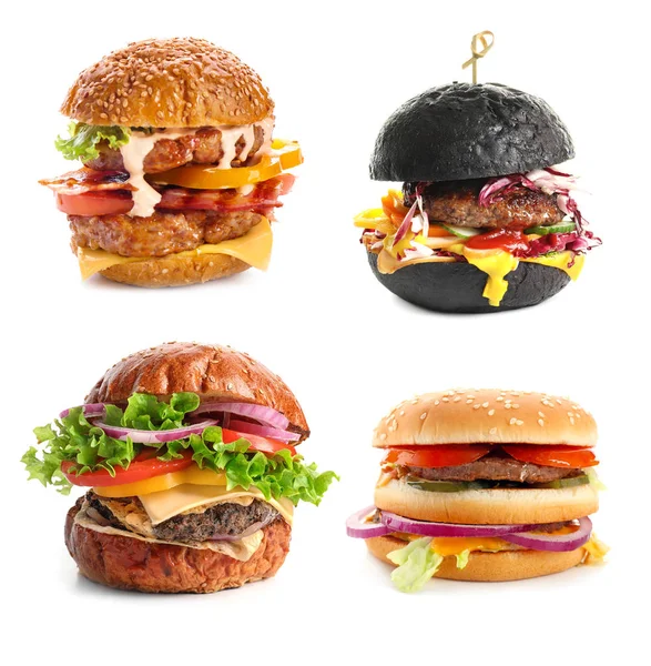 Beyaz arka planda değişik lezzetli hamburgerler. — Stok fotoğraf