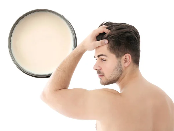 Handsome Young Man Jar Clay Hair White Background — Stock Photo, Image