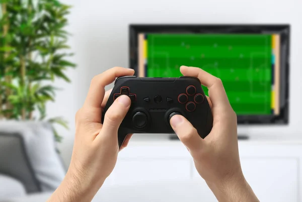 Mann Mit Controller Beim Videospiel Hause Freizeit Und Unterhaltung — Stockfoto