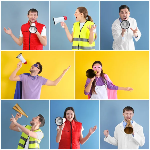Personas Diferentes Profesiones Con Megáfonos Sobre Fondo Color —  Fotos de Stock