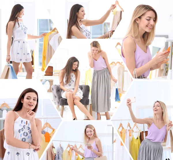 Set Young Women Shopping Store — Stock Photo, Image