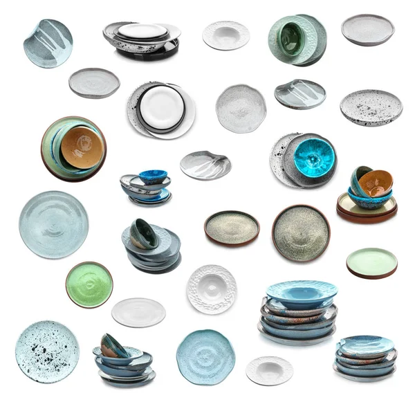 Set Beautiful Ceramic Dishware White Background — Stock Photo, Image